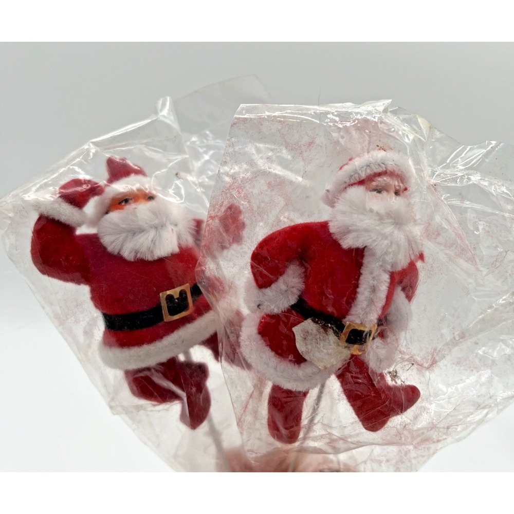 Vintage Blow Mold Plastic Flocked Dancing Santa Claus Christmas Floral Picks x 2